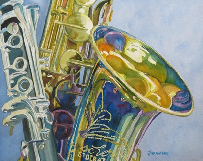 Watercolor painting of a clarinet and saxophone