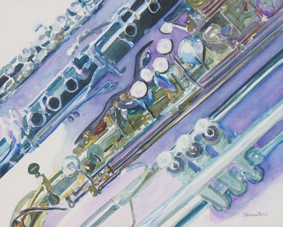 Watercolor painting of a flute, clarinet, saxophone and a trumpet.