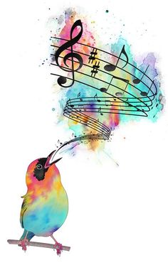 Decorative Picture of a multi-colored bird singing music notes.
